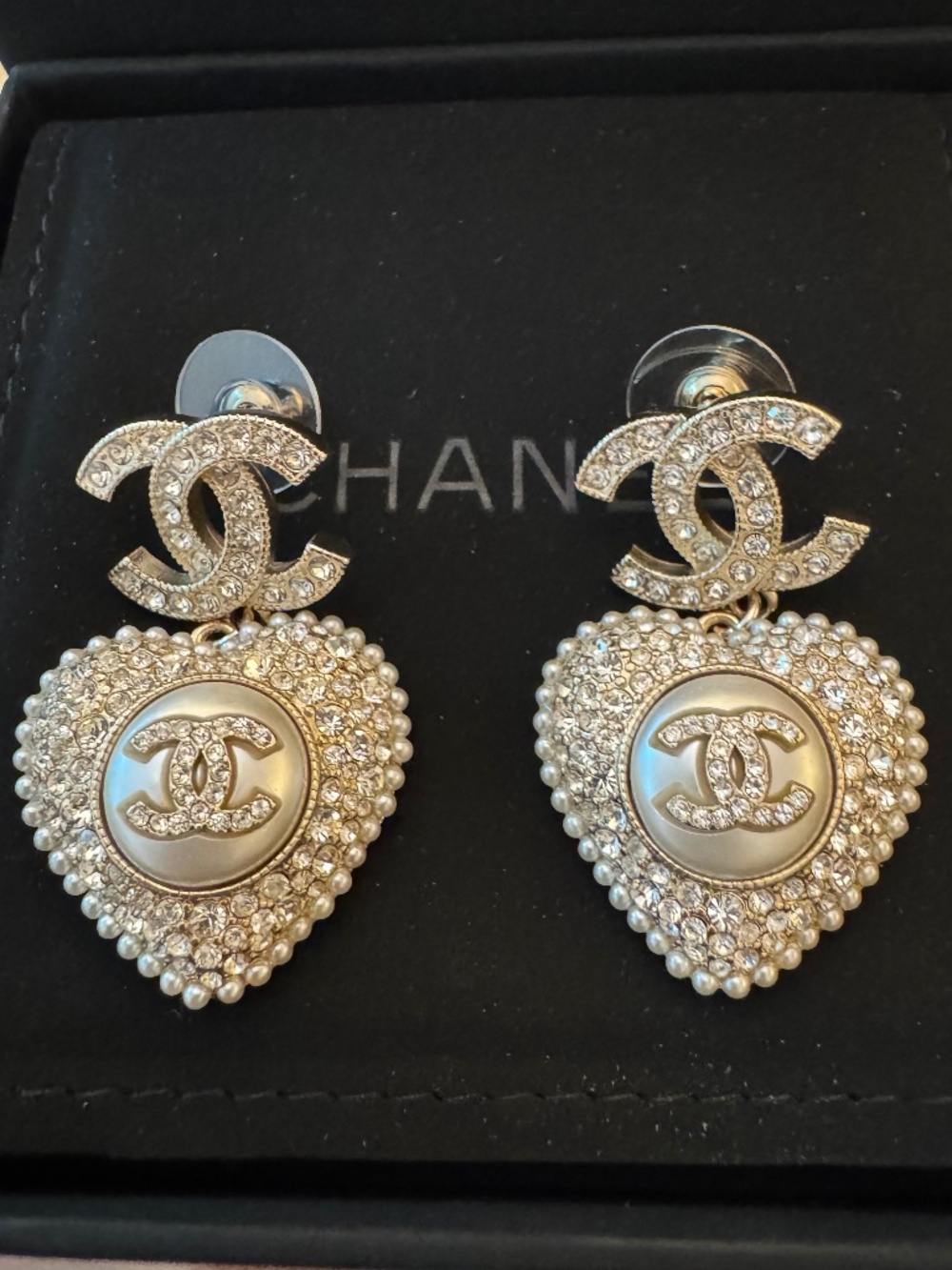 Classic Chanel CC Logo Gold Heart Crystal Embellished Pearl Dangle Drop Earrings